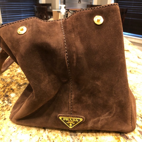 ♥️SOLD♥️PRADA Suede Scamosciato Logo Tote Brown - Picture 4 of 8
